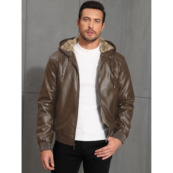 Brand New Men's Brown Polyester Sherpa Lined Hooded Faux Leather Bomber Jacket - Picture 4 of 9